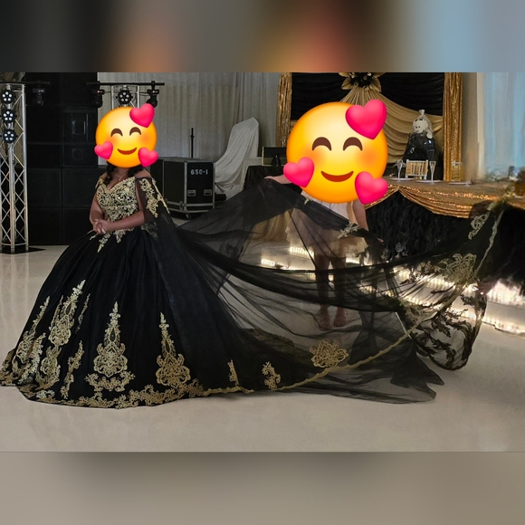 Prom Wedding Quinceañera Black Gold Ball Gown Iridescent gems detachable cape - Picture 7 of 10